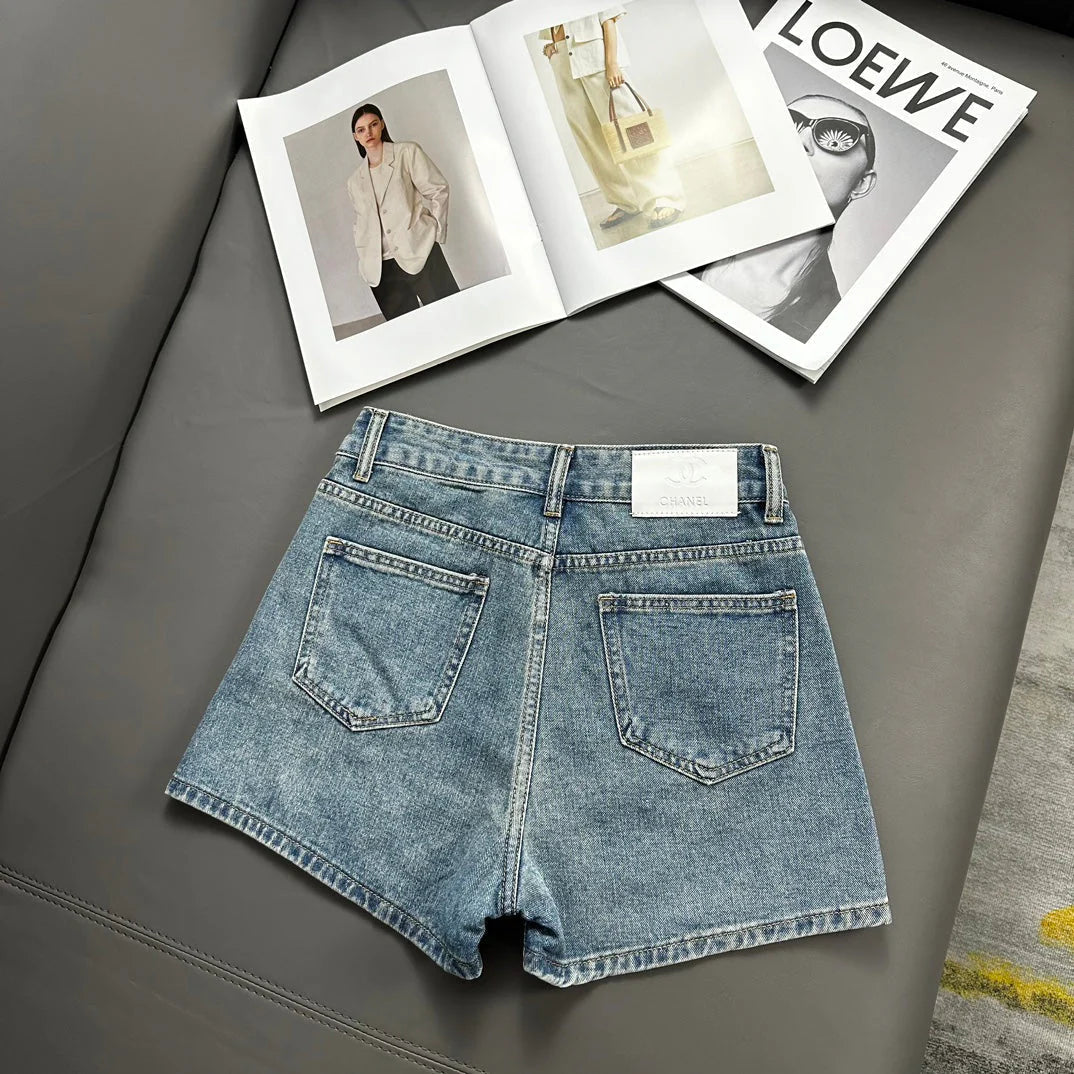 0528 Rhinestone Lettering Denim Shorts