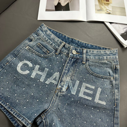 0528 Rhinestone Lettering Denim Shorts