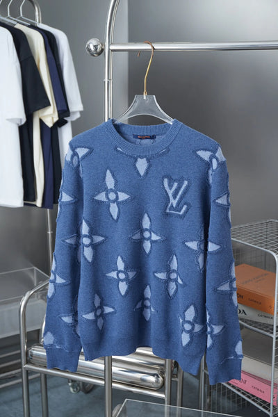 250902 New high-quality blue four-leaf clover letter sweater