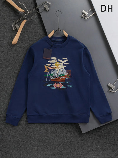 250908 New high-quality letter-embroidered patchwork small boat round-neck sweatshirt