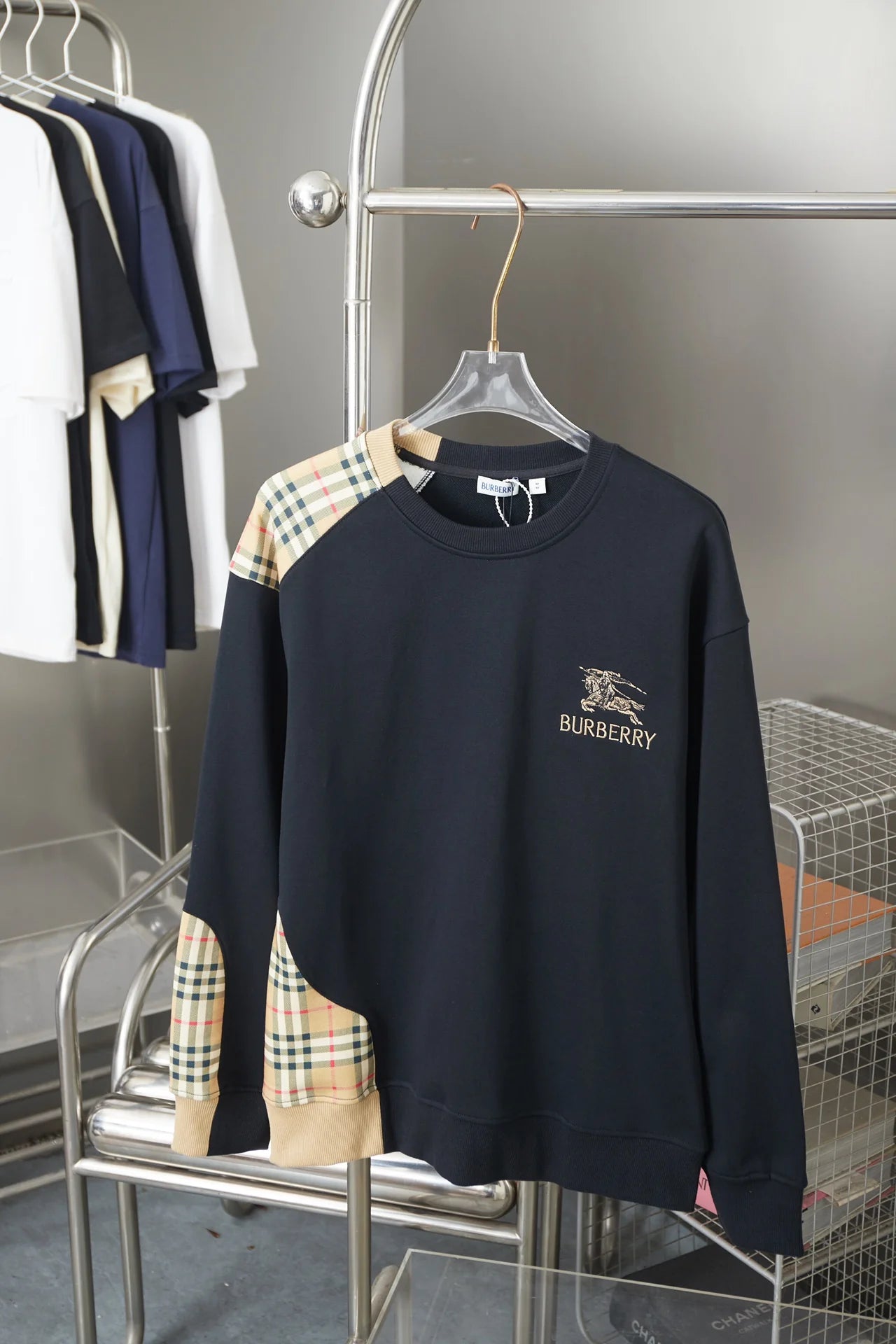 250923 new high-quality checkered patchwork embroidered round-neck sweatshirt
