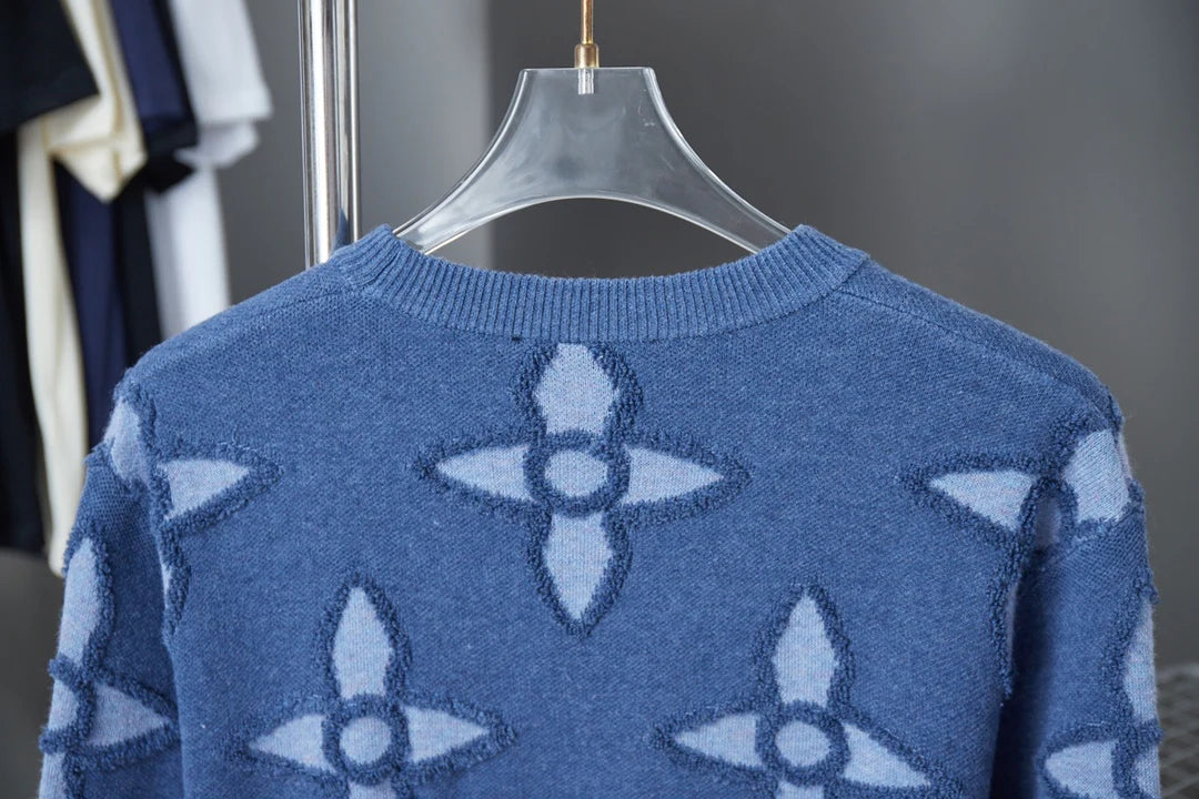 250902 New high-quality blue four-leaf clover letter sweater